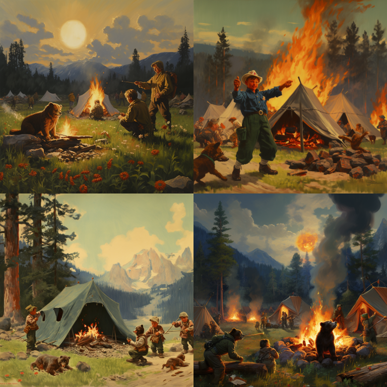 blueveil boy scouts camping in a meadow and juggling flaming log small